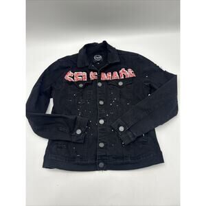 SPARK Premium Denim trucker jacket Black distressed bleached applique Size S